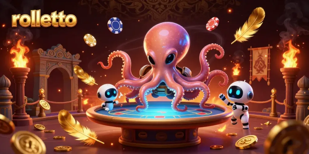 Engage with rolletto's vibrant gambling scene featuring an octopus and robot at a poker table.