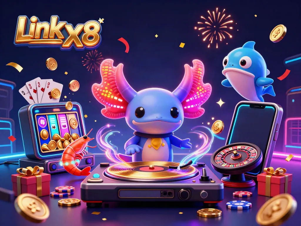 Play the vibrant Link XX8 slot game amidst dancing characters and exhilarating casino elements.