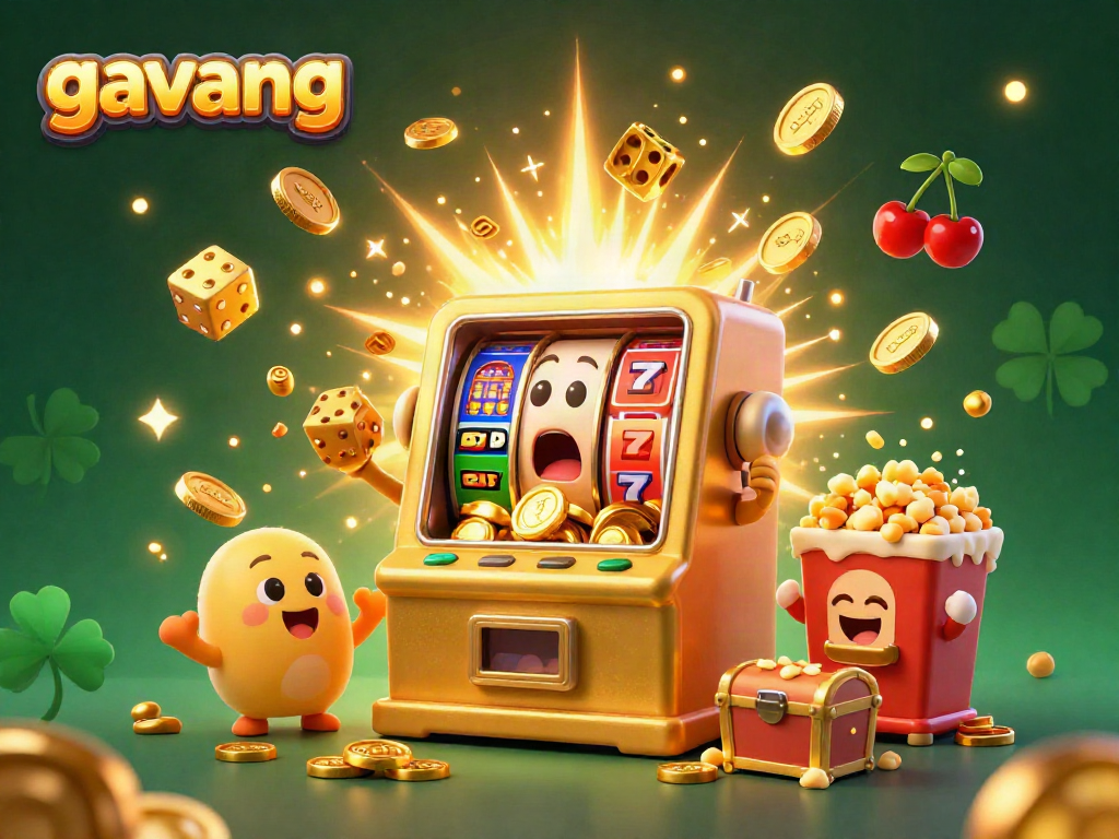 Experience the thrill of gavang as the golden slot machine hits its jackpot, surrounded by festive casino elements.