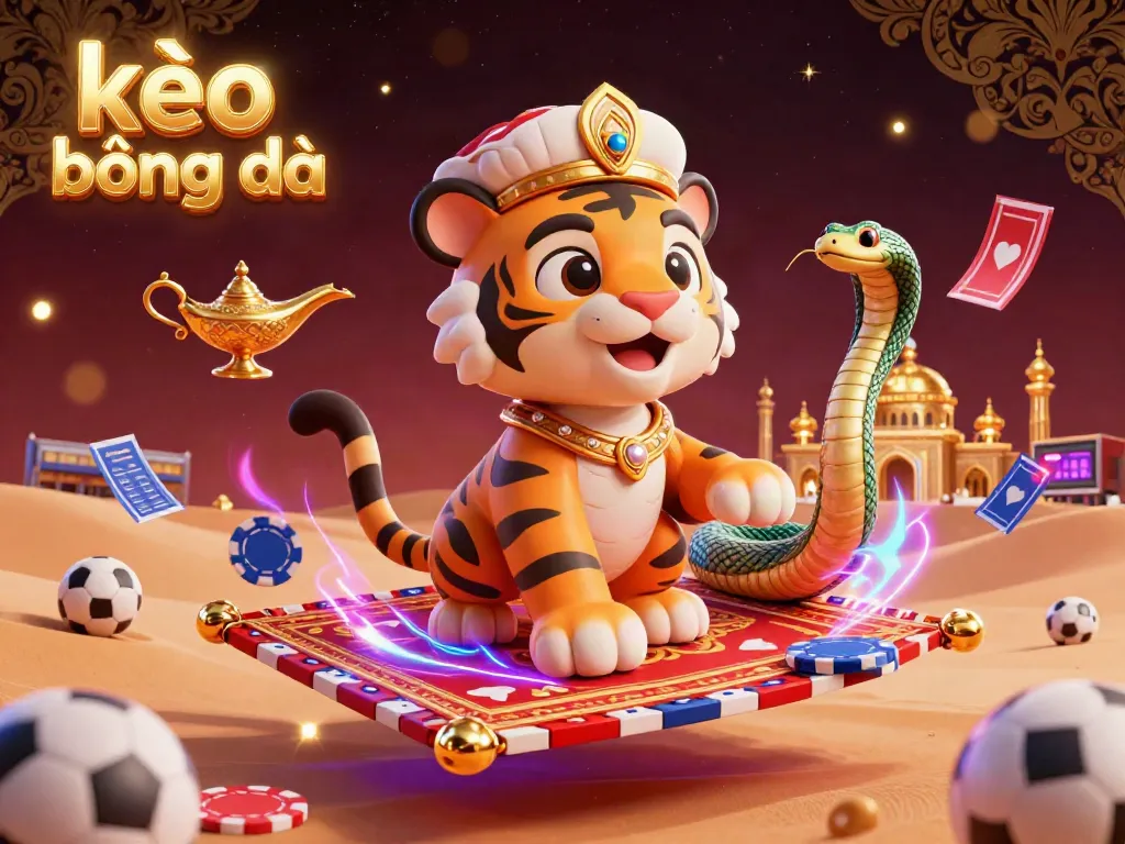 Bet with kèo bóng đá while enjoying a vibrant scene of a tiger sultan on a poker chip carpet, surrounded by sports elements.