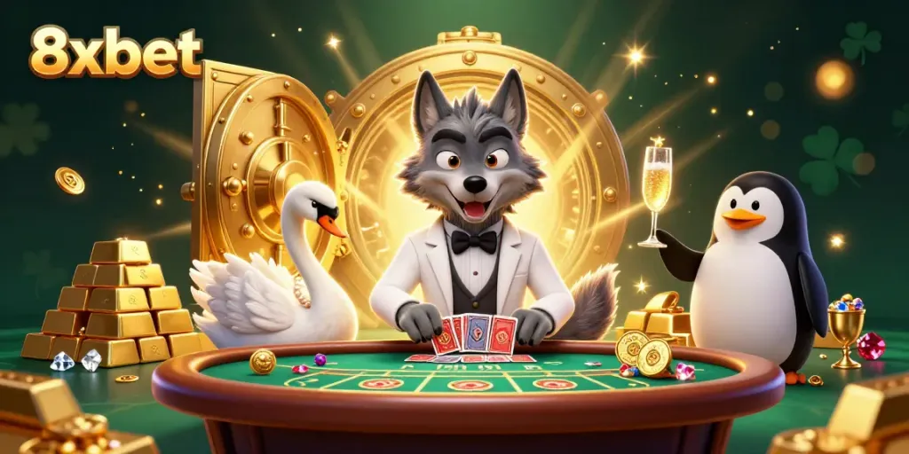 8xbet showcases a vibrant scene of a debonair wolf, an elegant swan, and a penguin in a luxurious casino setting.