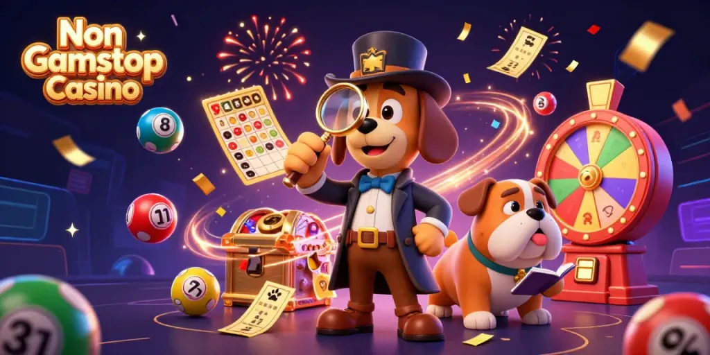 Engage with the thrilling Non Gamstop Casino experience, illustrated through detectives uncovering golden poker clues.