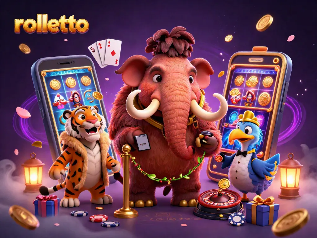Rolletto highlights a vibrant 3D casino scene with characters like a woolly mammoth bouncer.