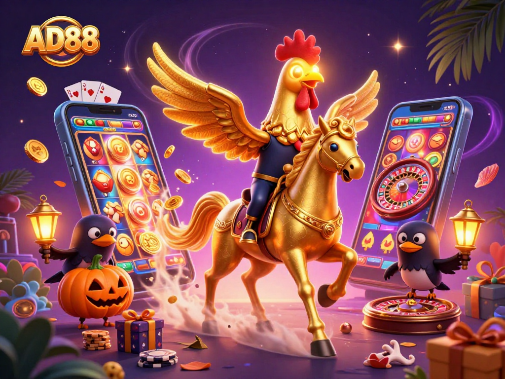 Experience excitement at AD88 with a golden rooster and its spectral horse at a vibrant casino scene.