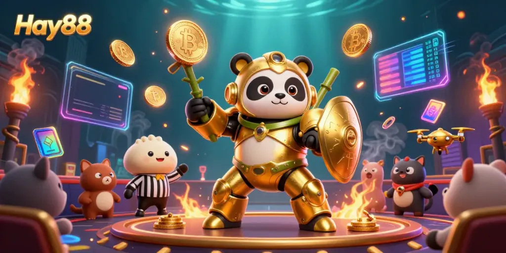 Action-packed Hay88 illustration with a golden panda robot, crypto coins, and engaging casino elements.