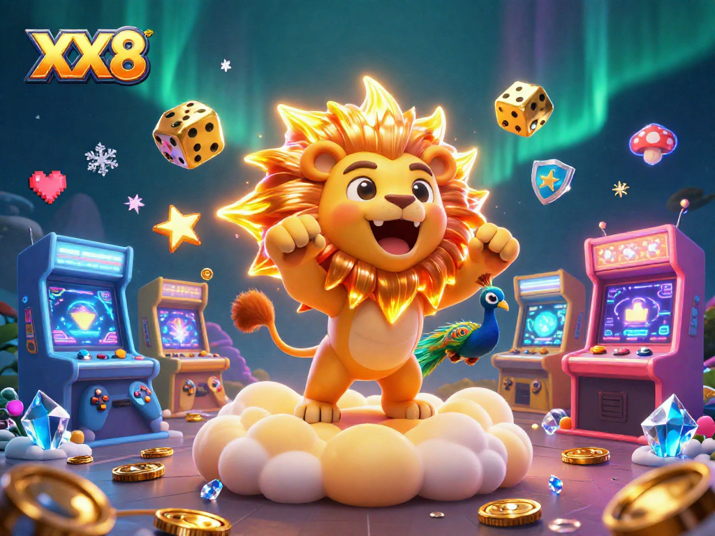 Play at XX8 with a vibrant 3D illustration showcasing golden lion, dice and casino game elements.