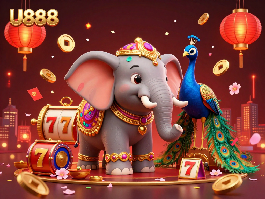 Experience thrilling gameplay with U888, featuring a dazzling 3D illustration of a lucky elephant and peacock amidst casino elements.