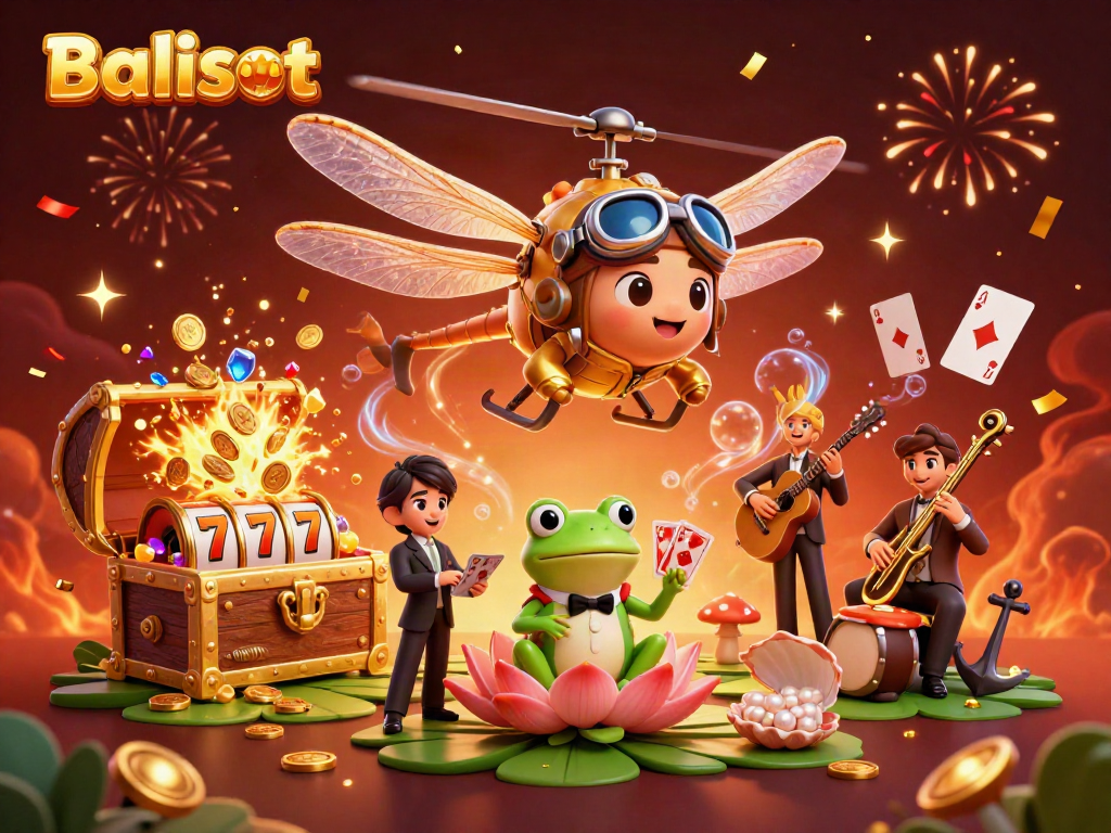 Engage with Balislot at an enchanting lily pad casino, featuring vibrant characters and dynamic gameplay.