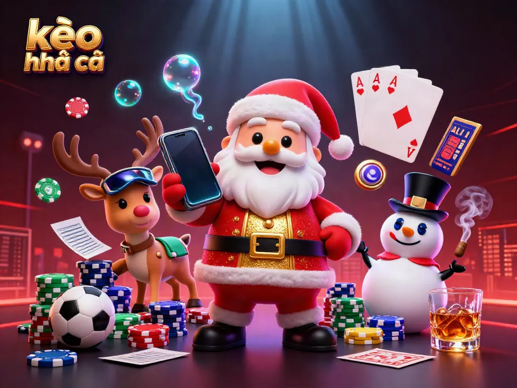 Engaging scene illustrating kèo nhà cái with festive characters in a glitzy casino setting surrounded by poker chips and sports betting elements.