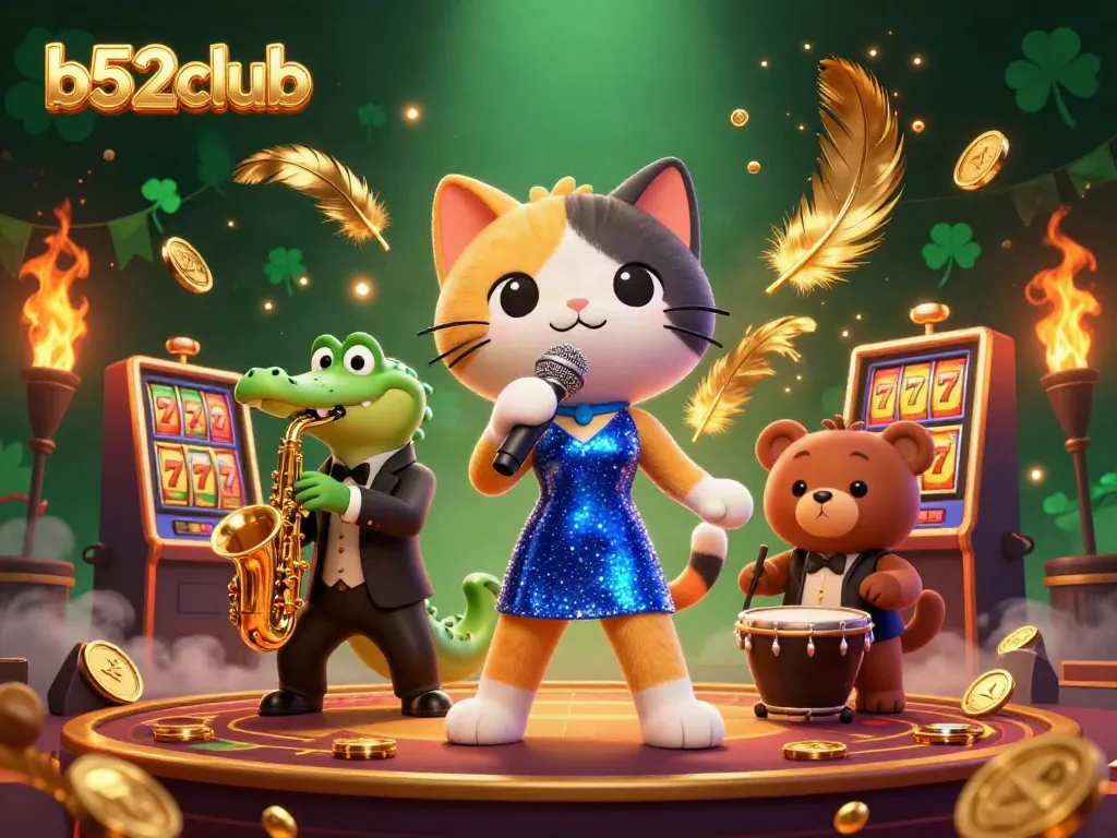 Engage with b52club as the jazz-singer cat, saxophone crocodile, and bear cub create a vibrant casino scene.