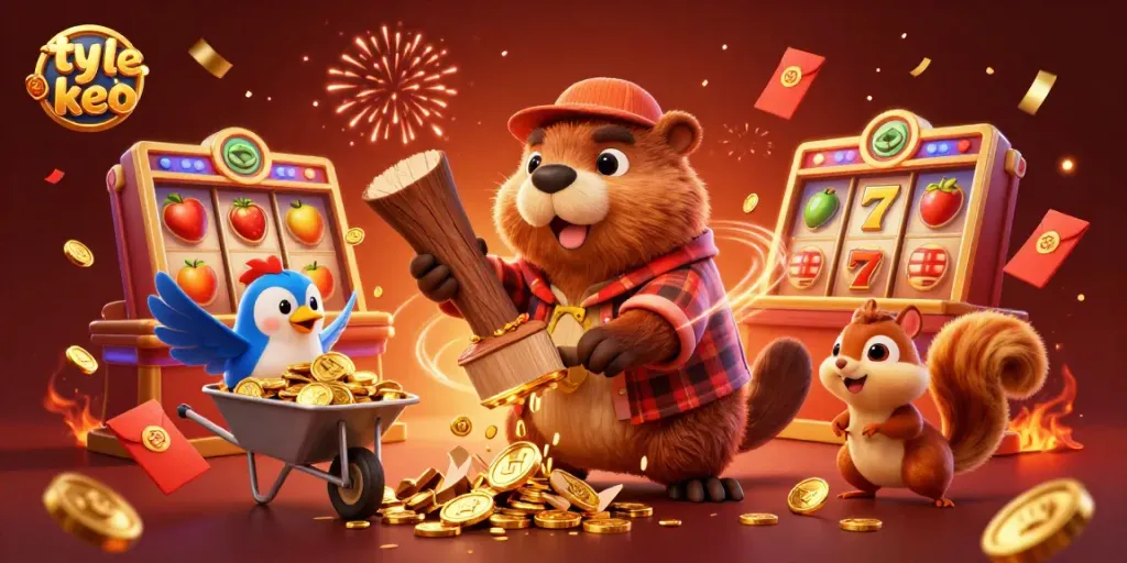 Experience thrilling action with ty le keo as animated characters celebrate with jackpots and coins.