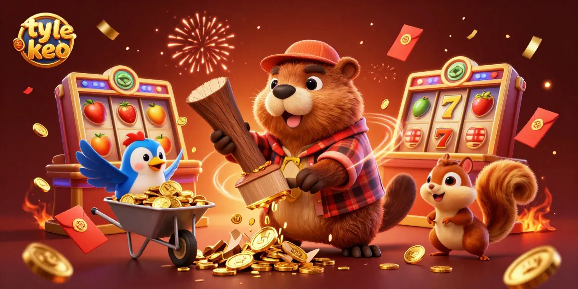 Experience thrilling action with ty le keo as animated characters celebrate with jackpots and coins.