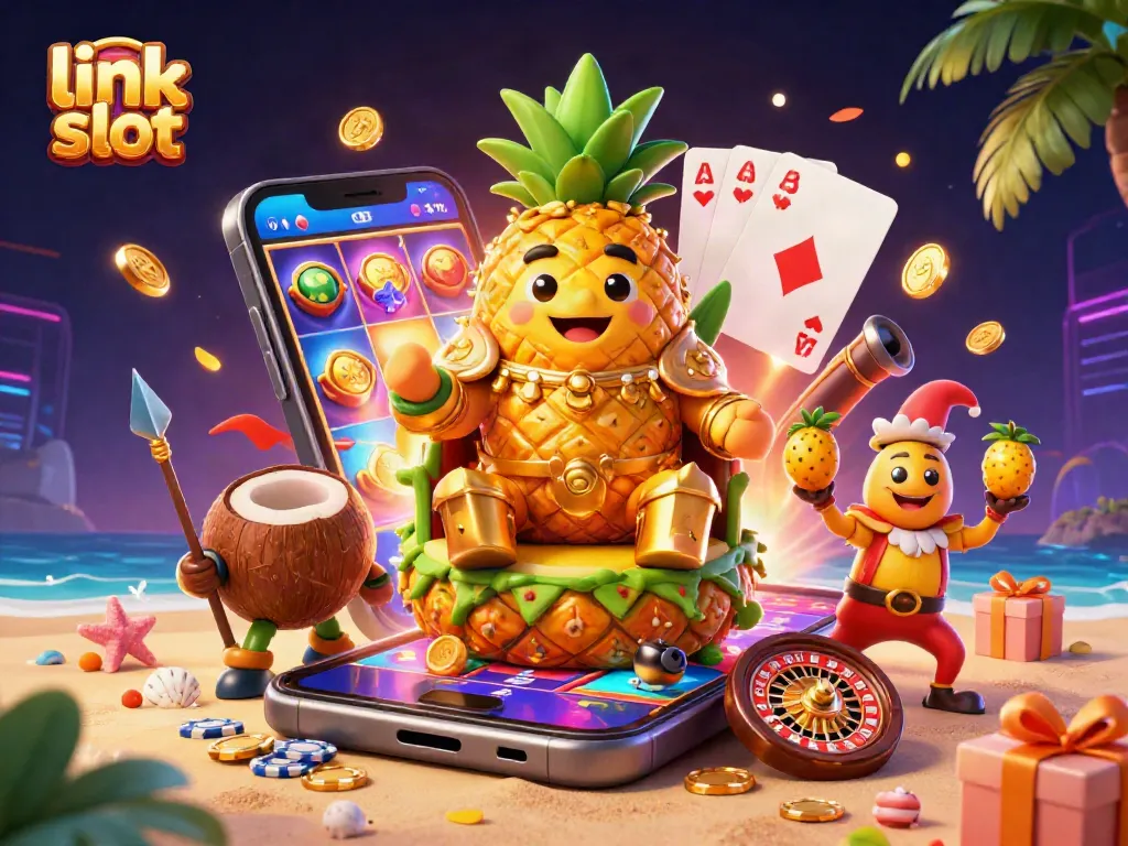 Experience thrilling link slot action with a cartoon pineapple king amidst vibrant casino elements.