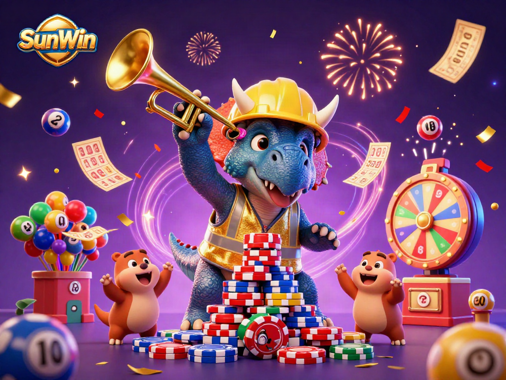 SunWin illustrates exciting lottery gameplay with vibrant characters and dynamic elements celebrating gaming success.
