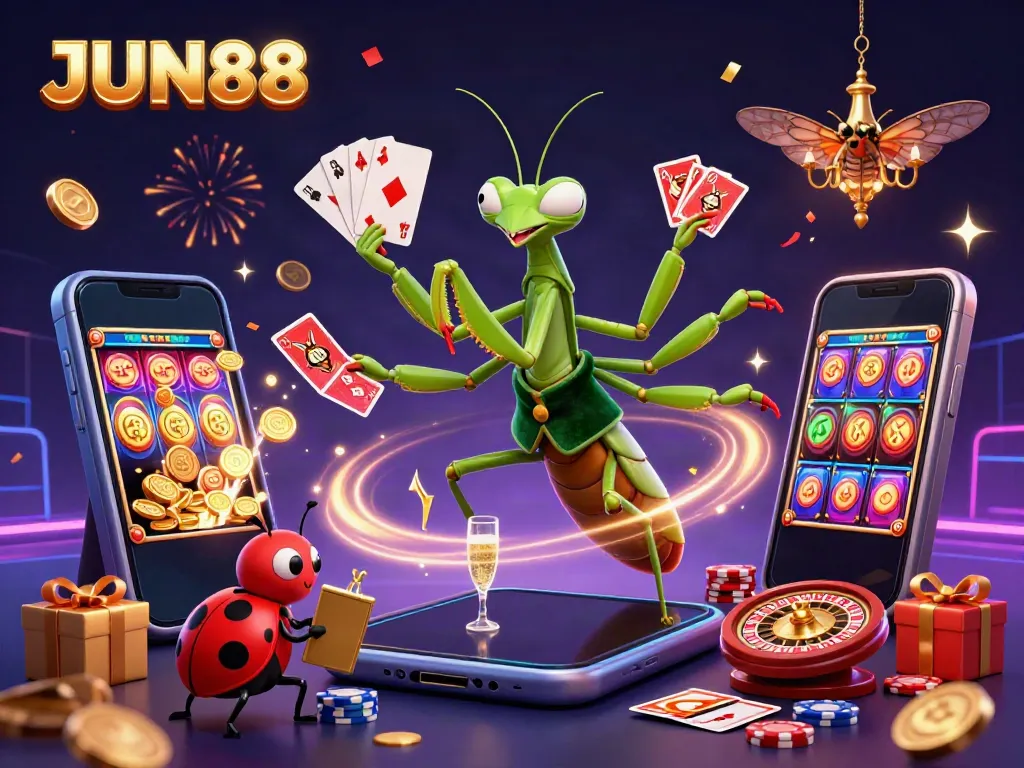Experience the thrills at JUN88 with a dynamic casino scene featuring an animated praying mantis card sharp and vibrant gameplay elements.