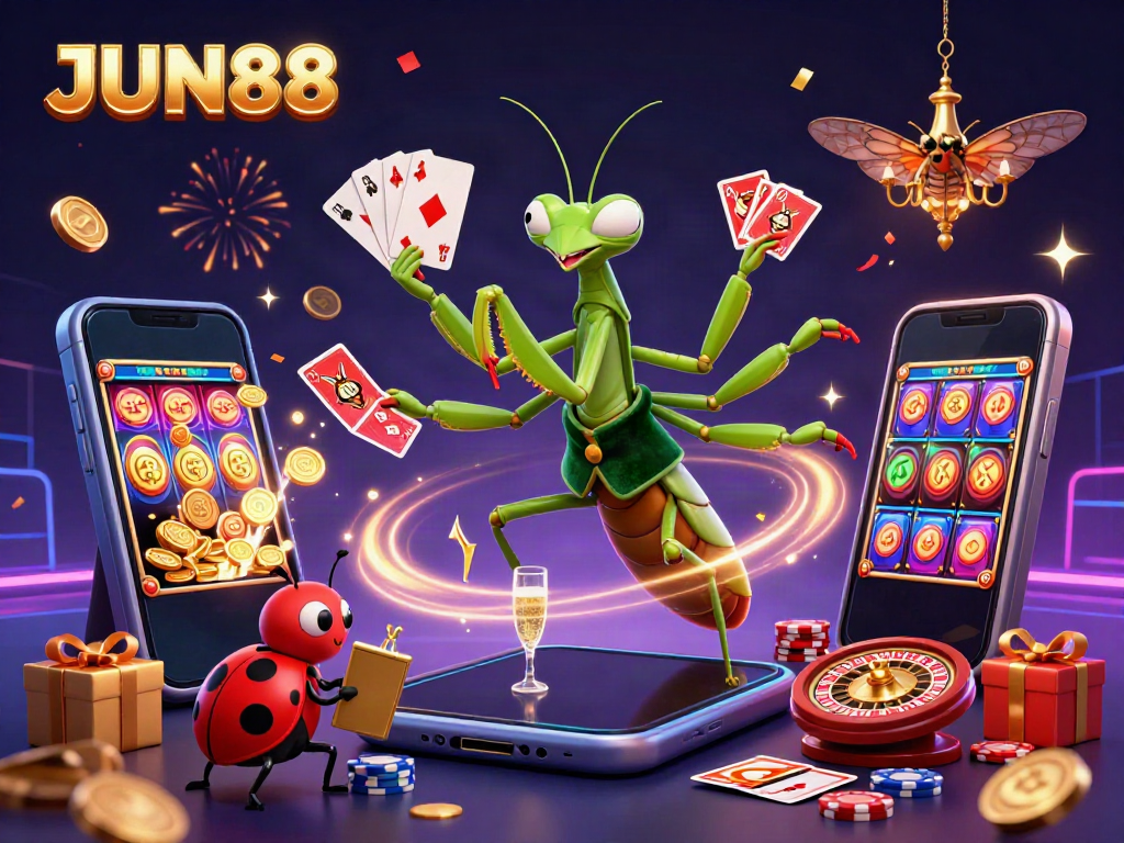 Experience the thrills at JUN88 with a dynamic casino scene featuring an animated praying mantis card sharp and vibrant gameplay elements.