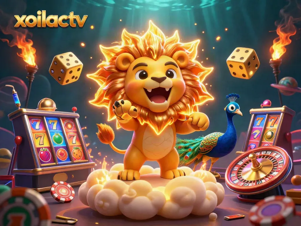 Xoilactv showcases a vibrant 3D scene of a cartoon lion and golden dice amidst a casino setting, symbolizing gaming excitement.
