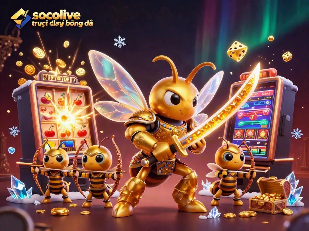 Socolive trực tiếp bóng đá showcases an enchanting 3D scene where a golden hornet samurai leads bee archers amidst a vibrant casino atmosphere, featuring slot machines and treasures.