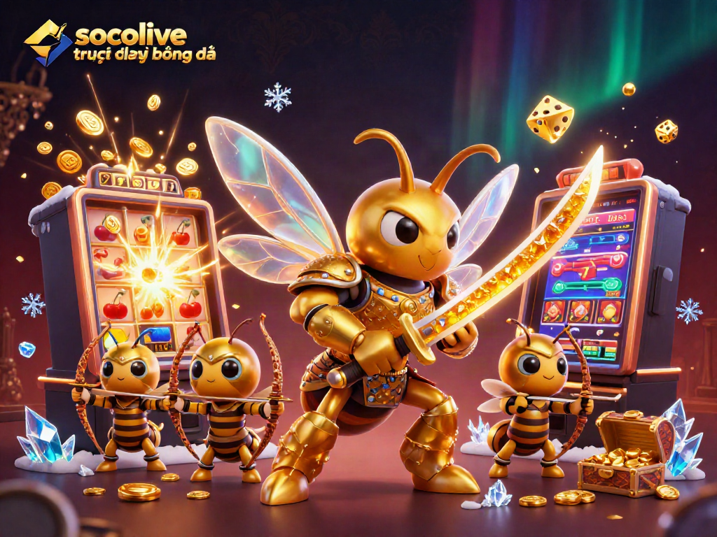 Socolive trực tiếp bóng đá showcases an enchanting 3D scene where a golden hornet samurai leads bee archers amidst a vibrant casino atmosphere, featuring slot machines and treasures.