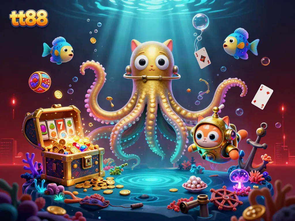Engage with exciting tt88 slots as a kraken treasures the ocean depths in a captivating scene.