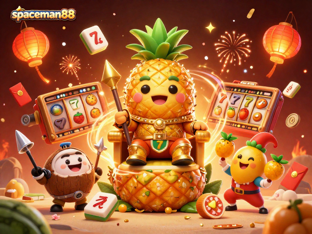 Engage with spaceman88 as the golden pineapple king rules a vibrant casino with slot reels and festive elements.