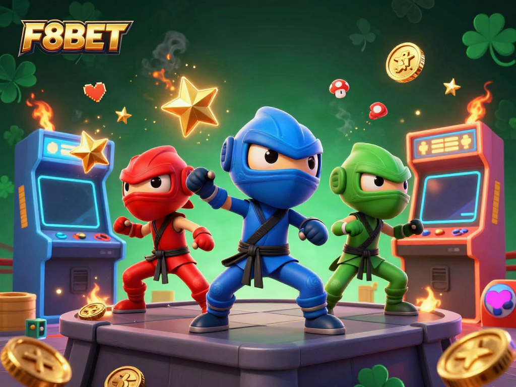 Experience thrilling action with the F8BET ninja team showcasing their synchronized martial arts in an electrifying gaming atmosphere.