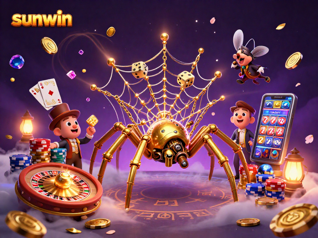 Engage in thrilling gameplay at sunwin with dynamic scenes of a steampunk spider and casino elements.