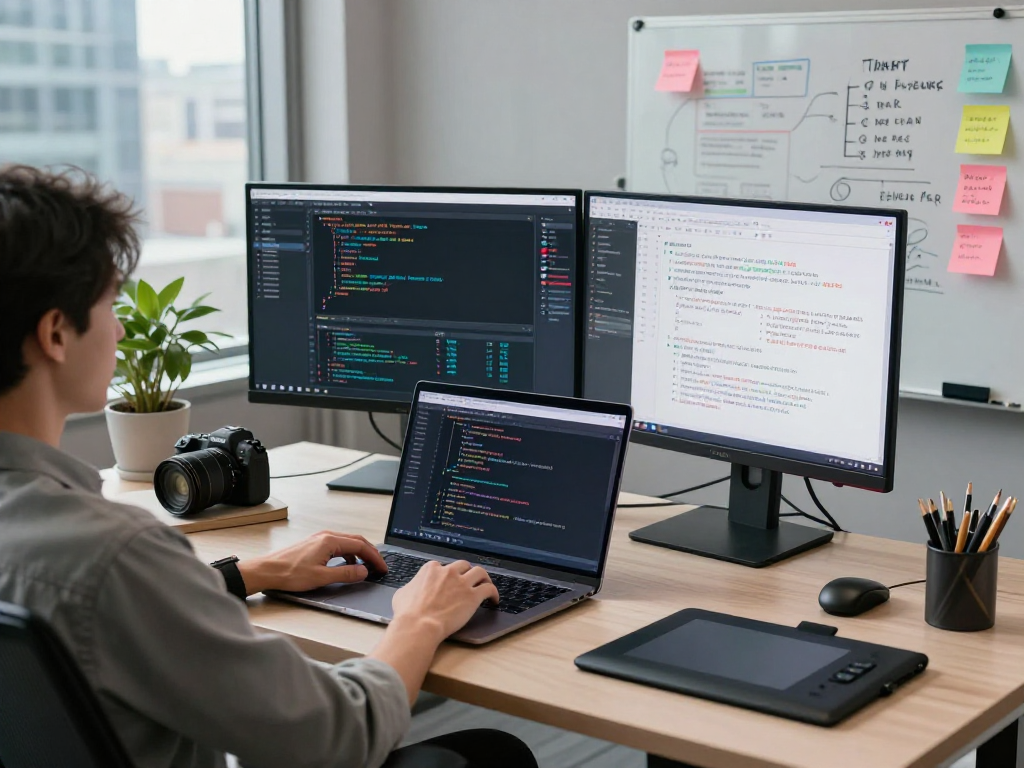 Creating nsfw AI filtering algorithms in a dynamic digital workspace with a productive atmosphere.