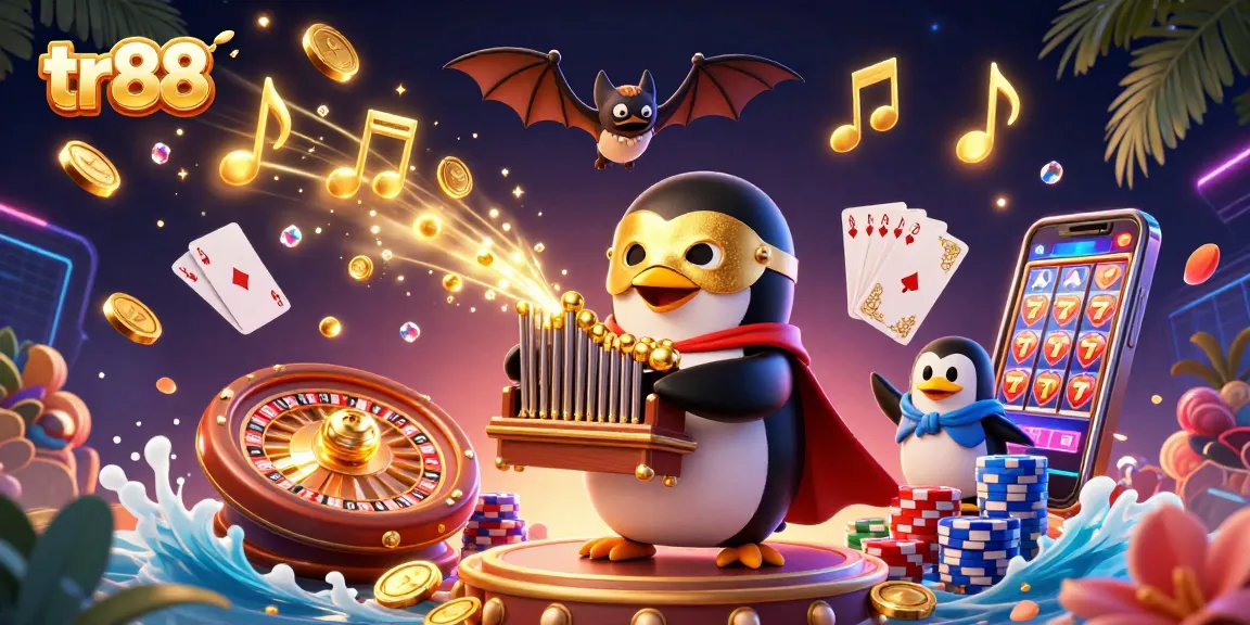 Experience the excitement of tr88 as a penguin organist releases coins and gems in a vibrant casino scene.