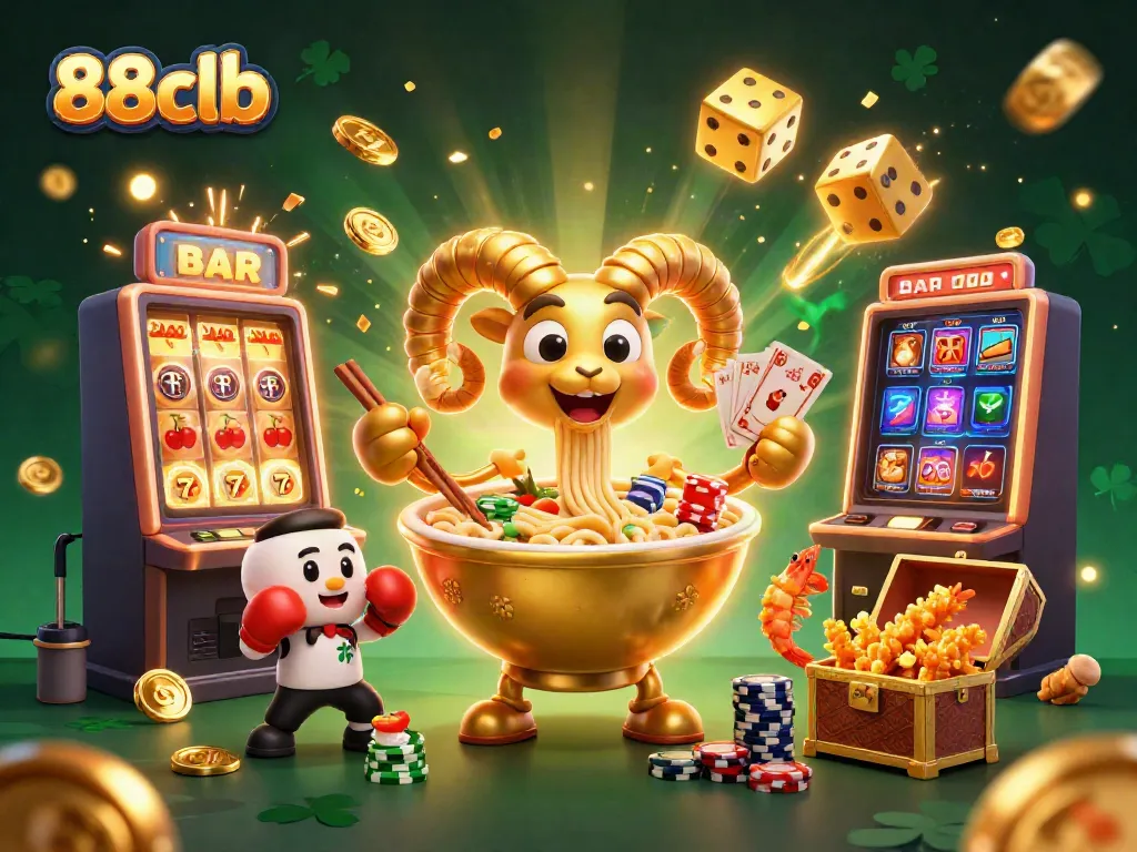 Play exciting games at 88clb with a vibrant scene featuring slots, joyful characters, and thrilling casino elements.