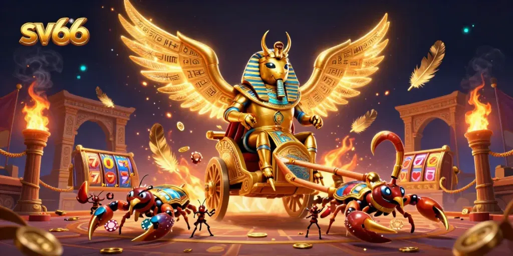Spin the reels with sv66's dazzling golden scarab and poker-themed artistry