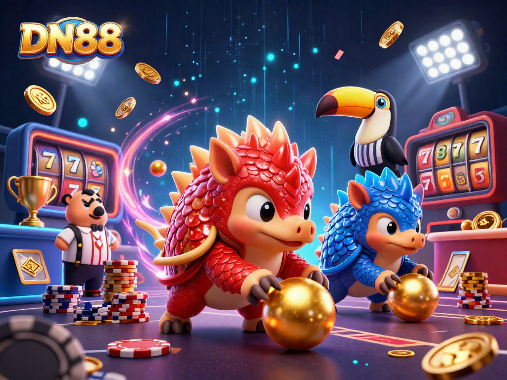 Engage in thrilling casino action with DN88 as pangolins explore vibrant poker chip stacks.