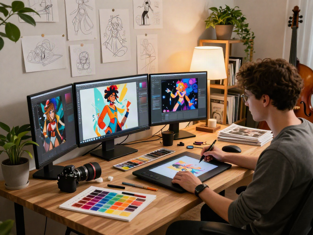 A digital artist creating nsfw ai illustrations in a vibrant studio.