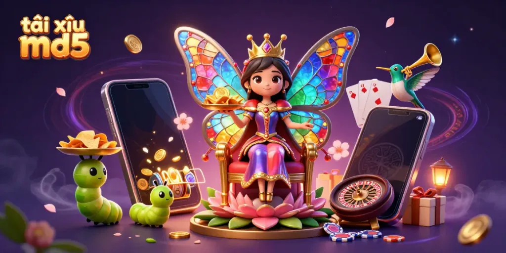 Engage in the vibrant world of tài xỉu md5 with a colorful 3D fantasy scene featuring a butterfly queen amidst dynamic game elements.