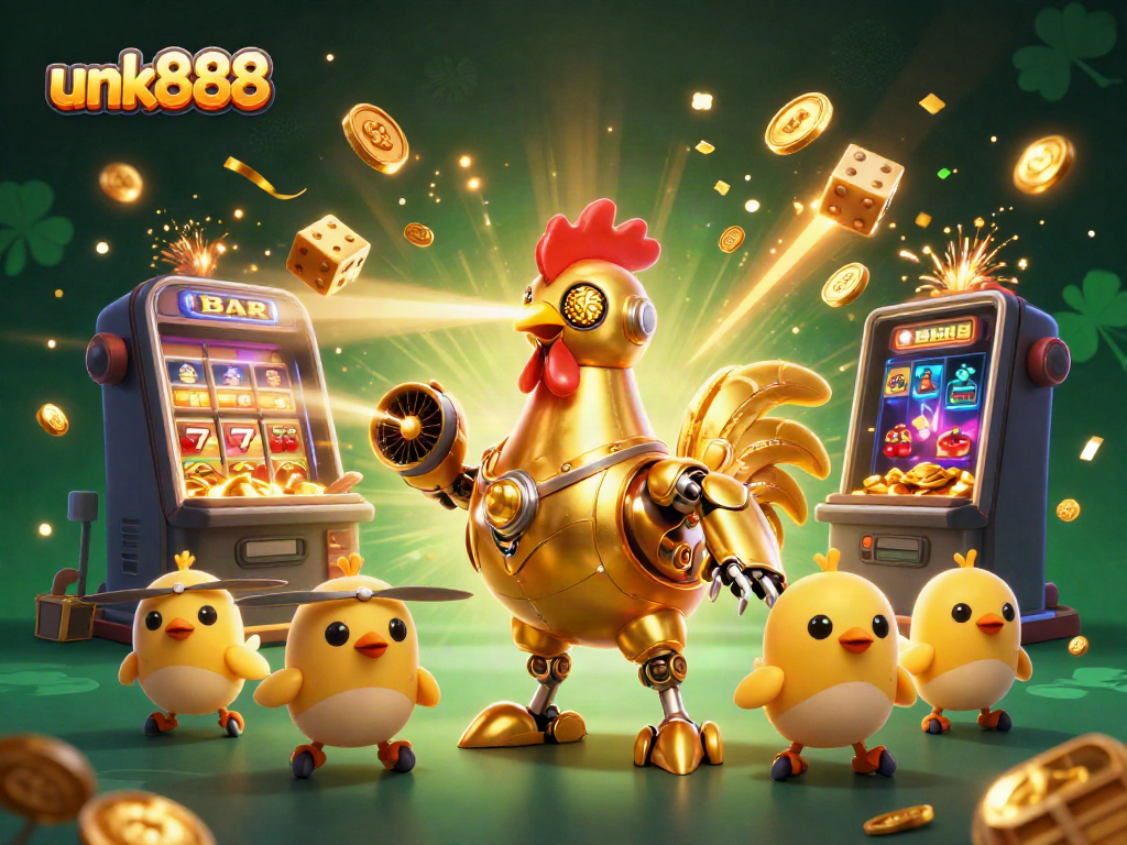Experience thrilling wins with the interactive slot machine featuring unk888's golden rooster robot character.