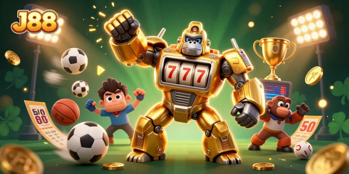 Join the gaming action with J88 featuring a golden gorilla mech and dynamic sports elements.