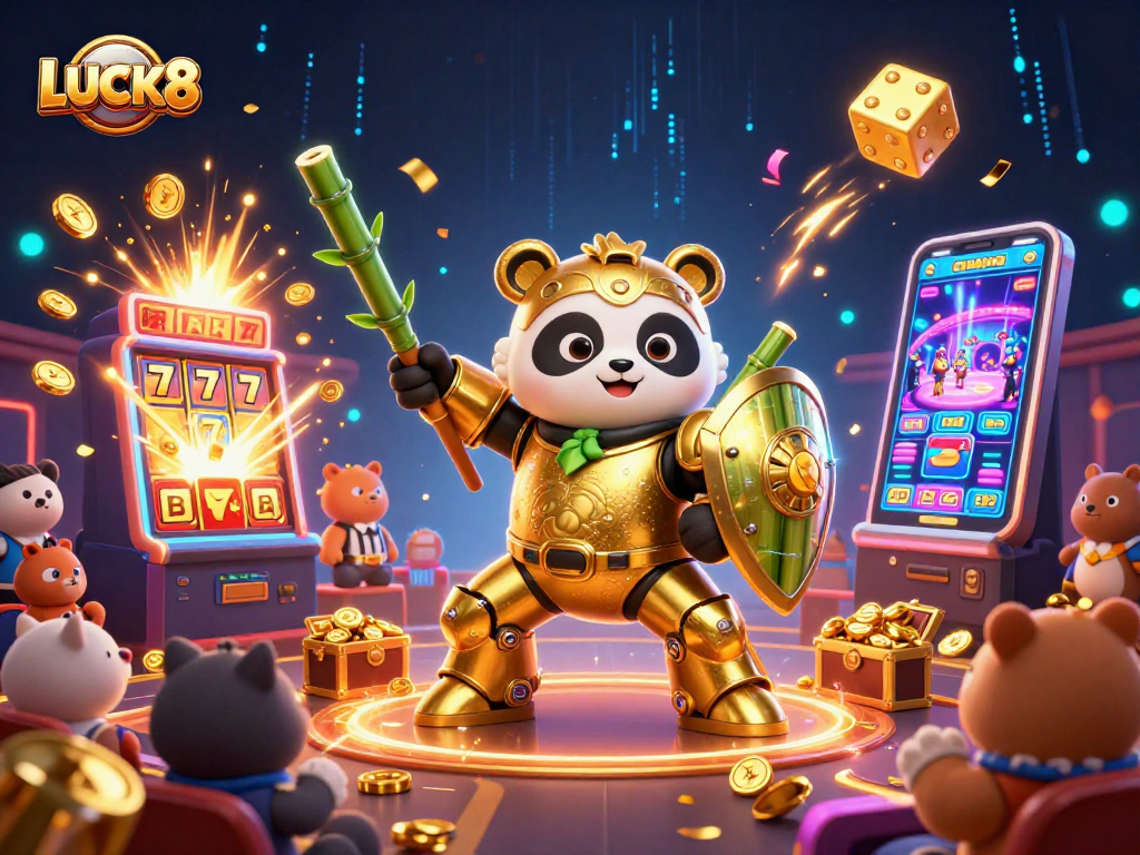 LUCK8 offers thrilling casino experiences with dynamic visuals of a golden panda in a mech-suit among vibrant gambling elements.