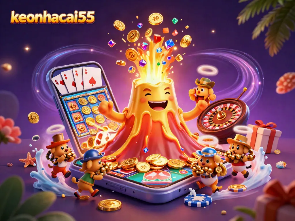 Experience excitement and fortune with keonhacai55 as golden treasures erupt from the volcano in a vibrant casino scene.