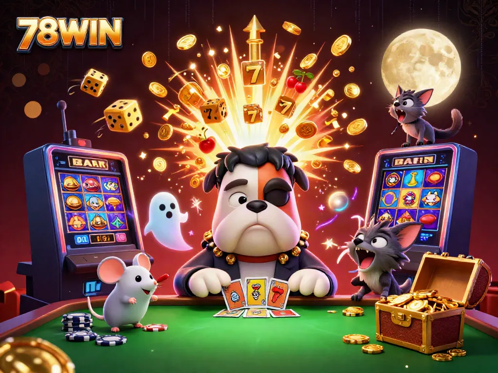 Engage with 78WIN's thrilling card game scene amidst vibrant casino elements and rich gaming atmosphere.
