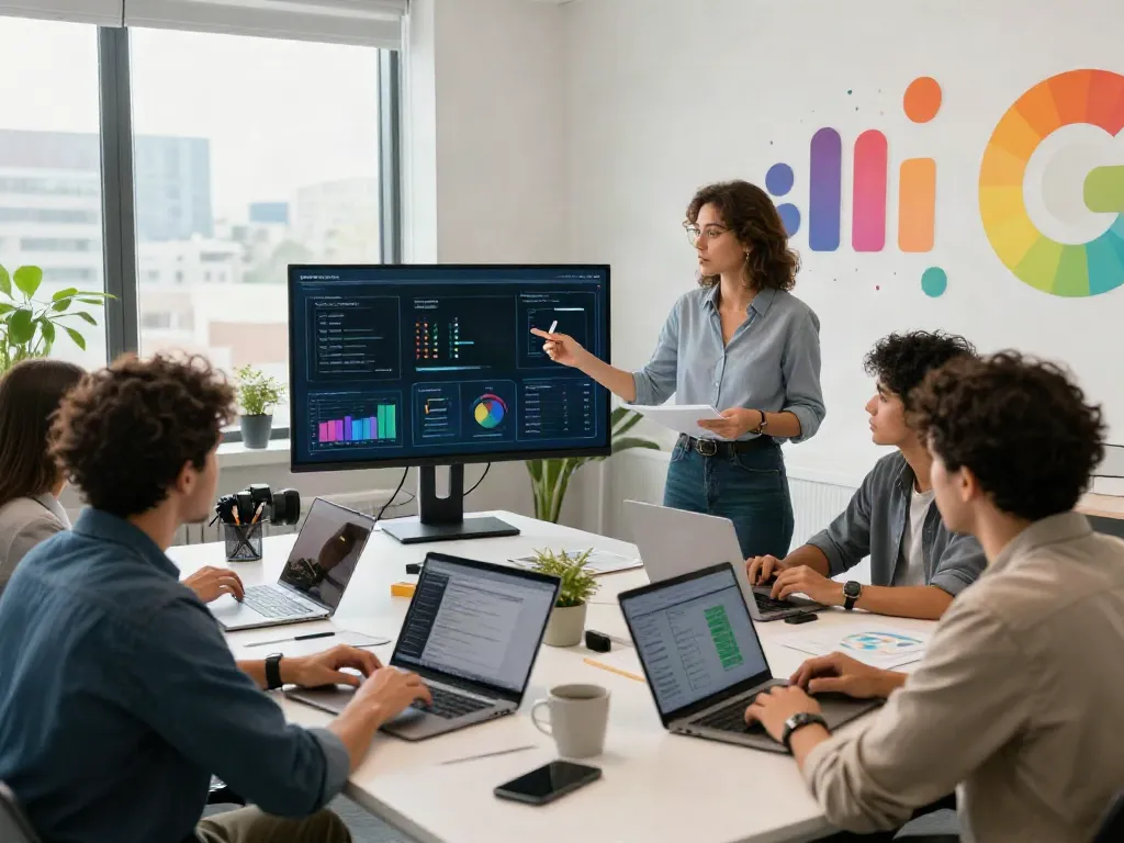 Paid Ads Management team collaborating in a modern office, analyzing ad performance.