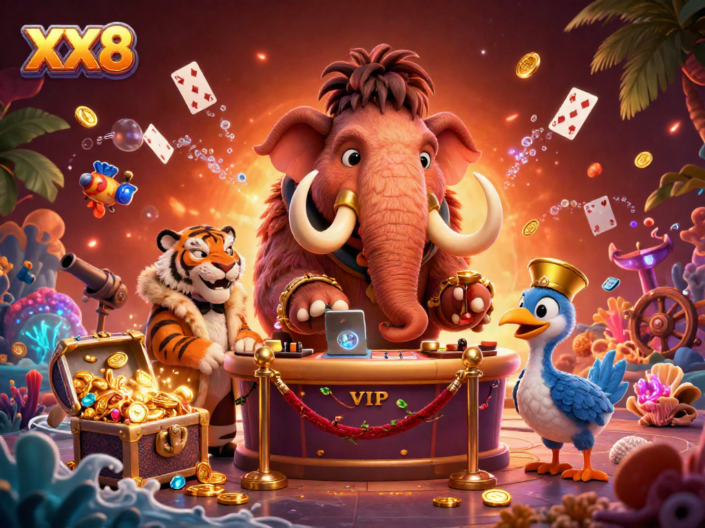 Experience the excitement of XX8 with a vibrant casino scene featuring a woolly mammoth bouncer and treasure elements.