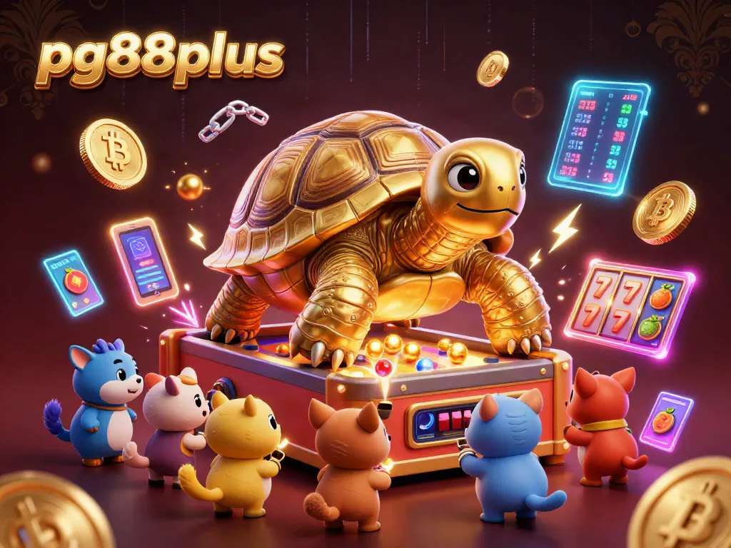 Join the pg88plus slot action with an animated tortoise and vibrant crypto elements!