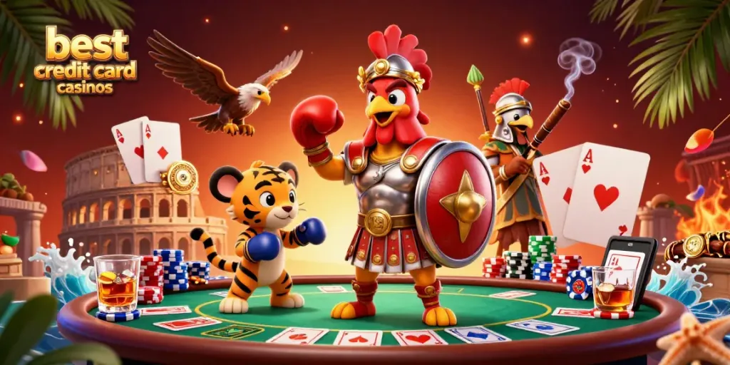 Engage with the best credit card casinos through a lively 3D illustration of a rooster and cub in combat.