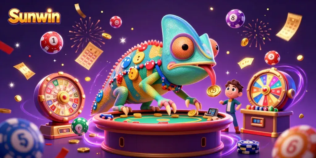 Experience the vibrancy of Sunwin's casino environment with a lively chameleon owner amidst colorful gambling elements.