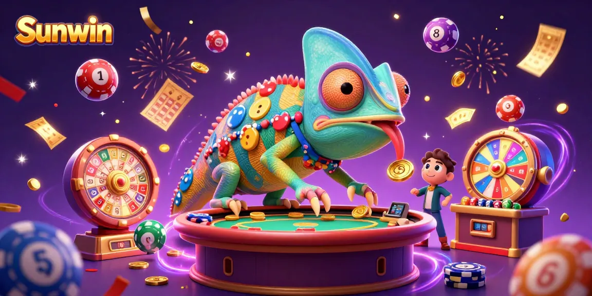 Experience the vibrancy of Sunwin's casino environment with a lively chameleon owner amidst colorful gambling elements.