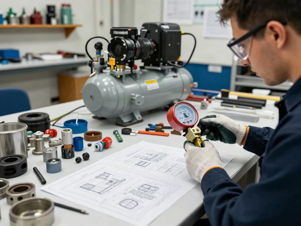 Technician adjusting an air compressor pressure switch in a bright industrial workshop.
