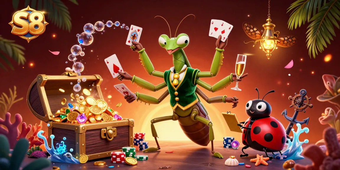 S8 casino scene showcasing a giant praying mantis dealing cards amidst a vibrant underwater treasure chest explosion.