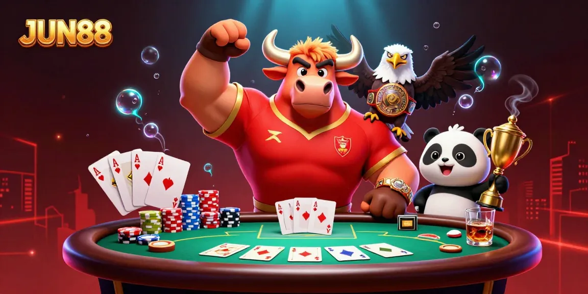 Engage with JUN88's dynamic gambling scene featuring animated characters and iconic poker elements.