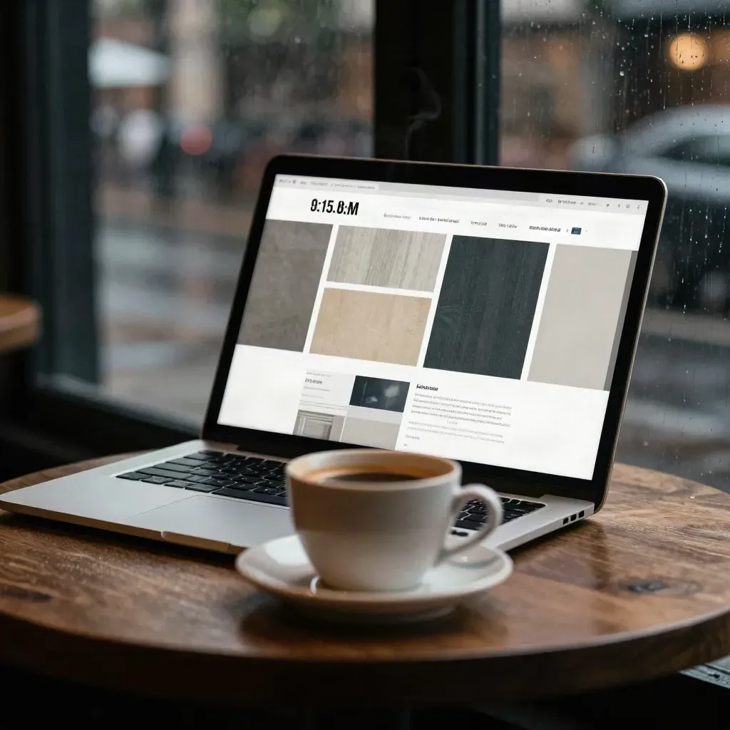 Rainy café window scene with laptop, tablet, proof sheets and a ceramic cup glowing at night.
