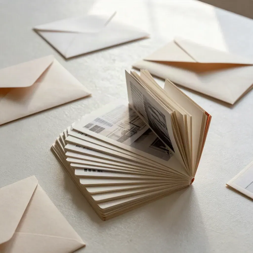 Top-down print set of folded cards and proofs fanned open on a pale plaster worktable.